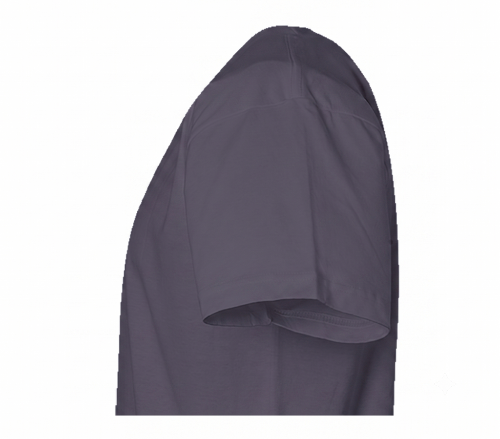 A close-up side view of a dark gray short-sleeve top on a plain white background.