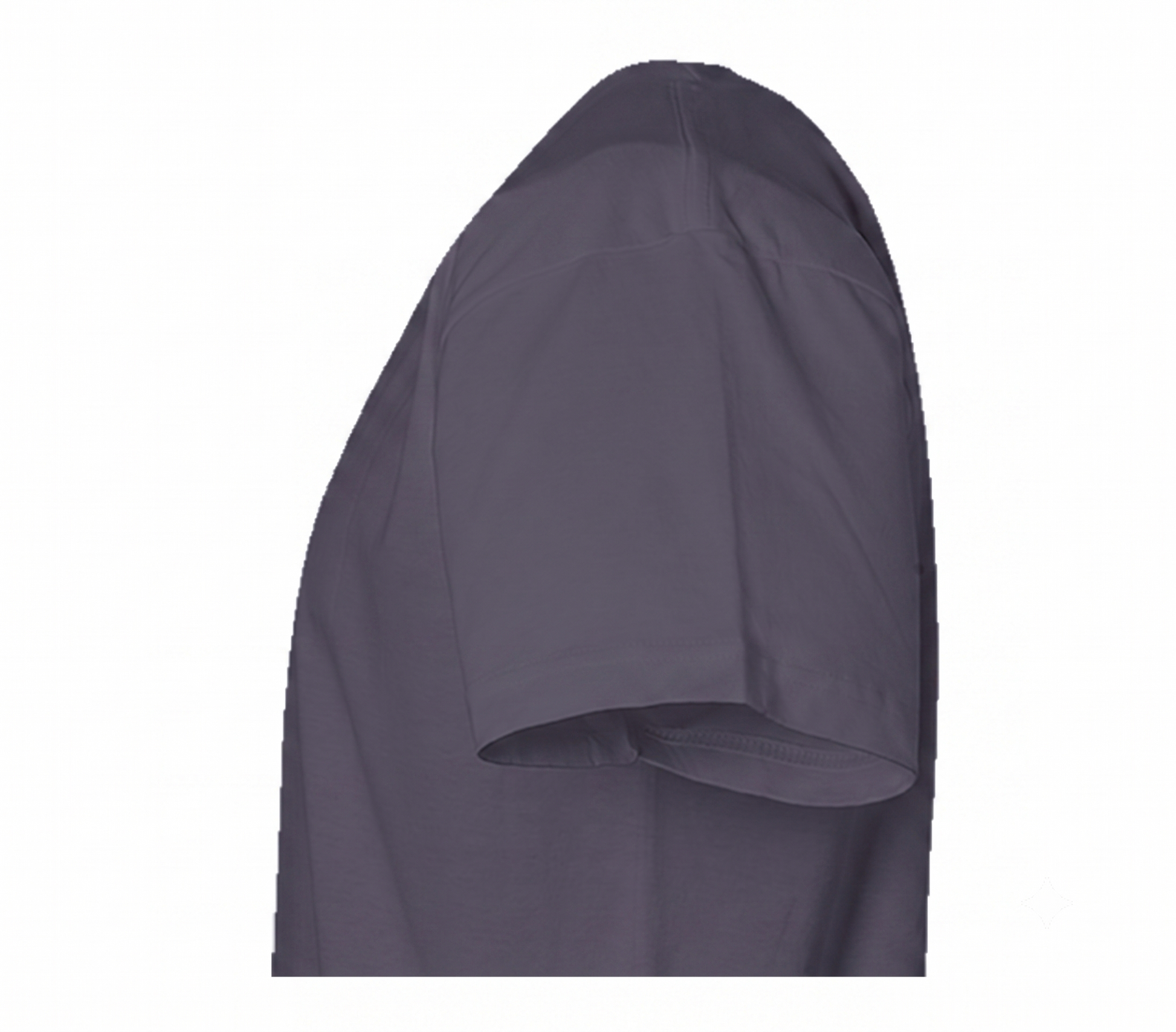 A close-up side view of a dark gray short-sleeve top on a plain white background.