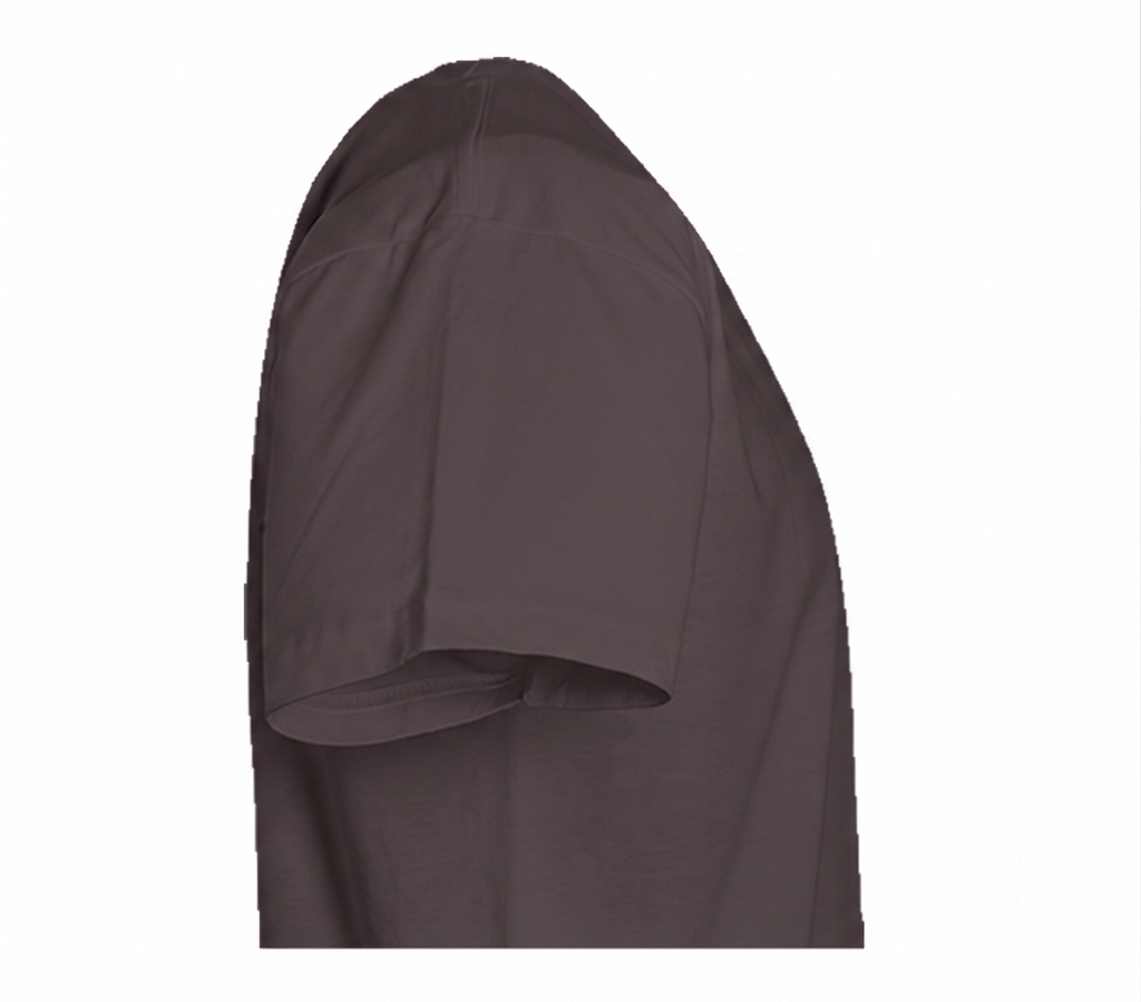 A close-up side view of a dark brown short-sleeve shirt on a plain white background.