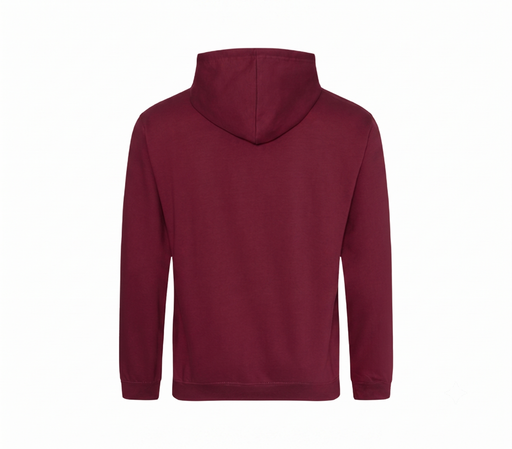 A maroon hooded sweatshirt shown from the back, displayed on a clean white background.