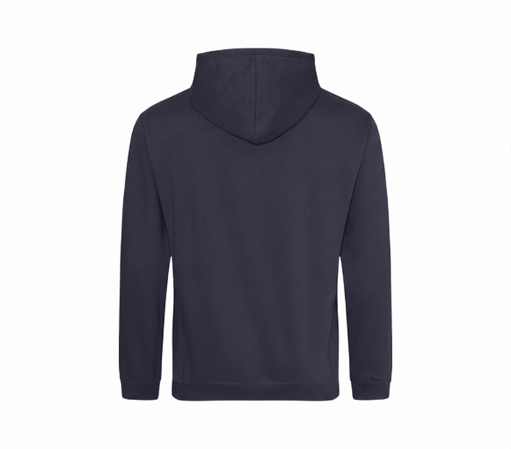 A dark navy blue hooded sweatshirt shown from the back, photographed against a solid white background.