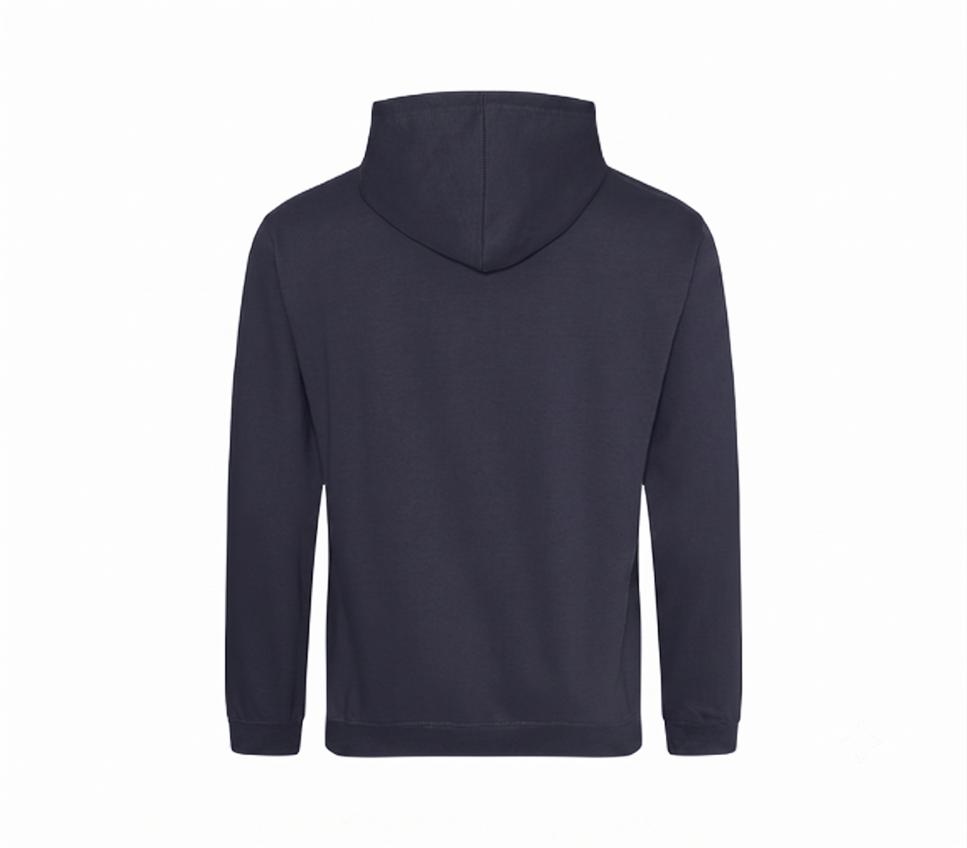 A dark navy blue hooded sweatshirt shown from the back, photographed against a solid white background.