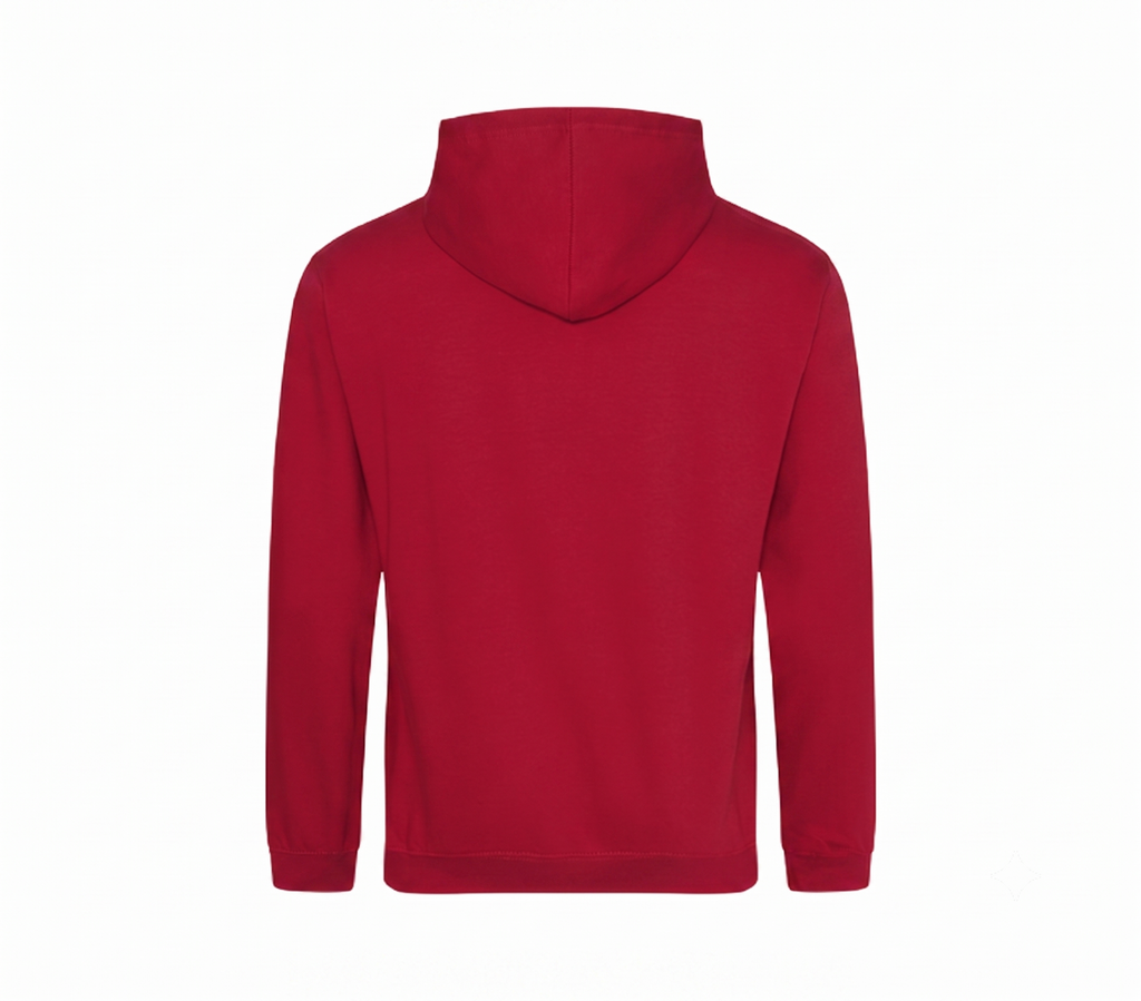 A red hooded sweatshirt shown from the back, photographed on a plain white background.