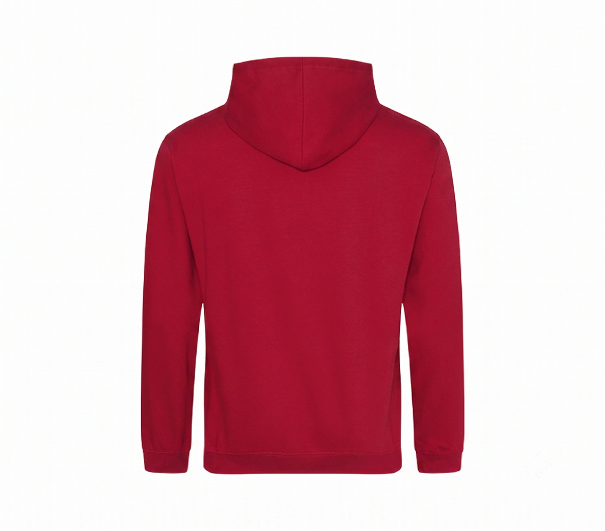A red hooded sweatshirt shown from the back, photographed on a plain white background.