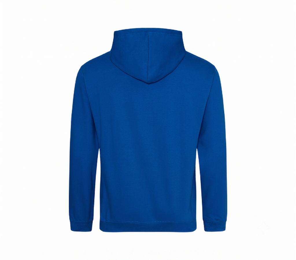 A royal blue pullover hoodie shown from the back, featuring a high ribbed collar, long sleeves, and a straight hem, presented on a solid white background.