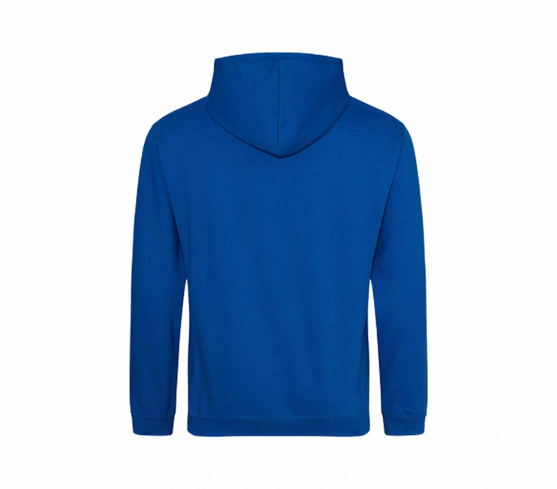 A royal blue pullover hoodie shown from the back, featuring a high ribbed collar, long sleeves, and a straight hem, presented on a solid white background.