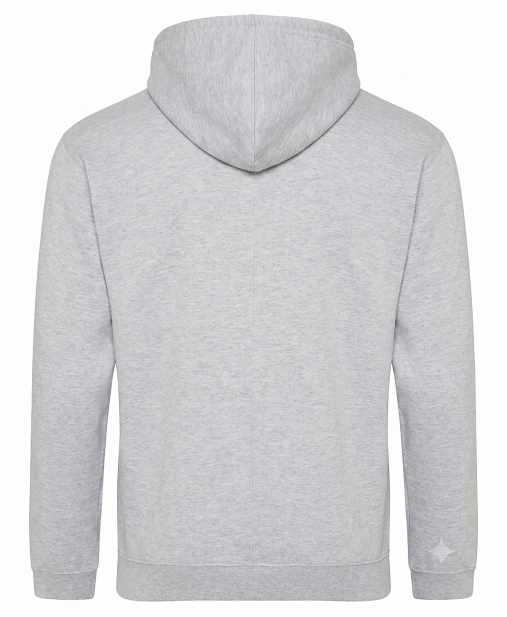 A light gray heathered hoodie shown from the back, featuring a classic hood and long sleeves, photographed against a solid white background.