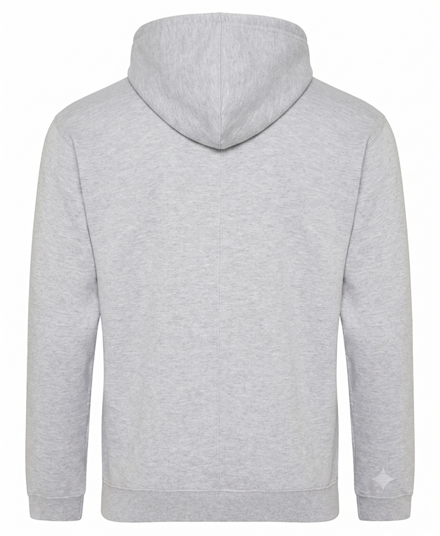 A light gray heathered hoodie shown from the back, featuring a classic hood and long sleeves, photographed against a solid white background.