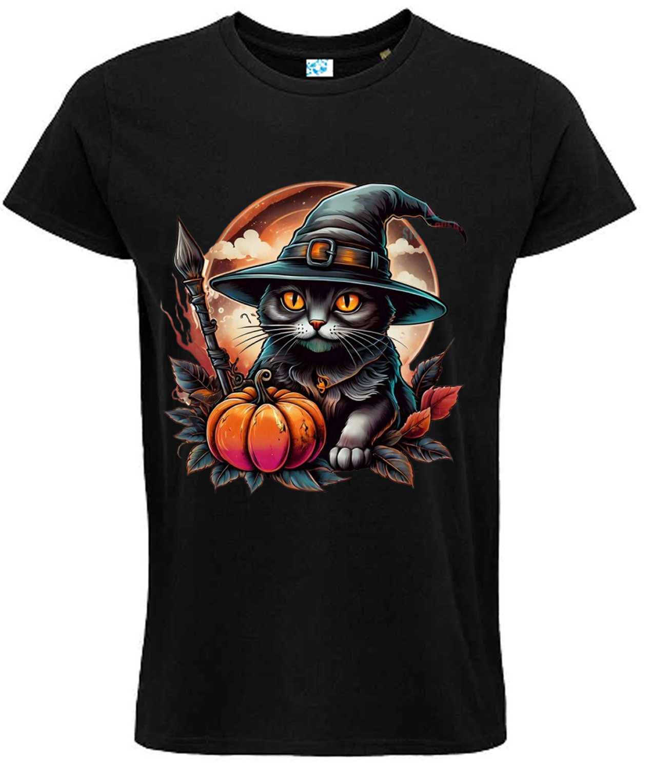 Halloween Black Cat Witch T-Shirt, Spooky Pumpkin Design
